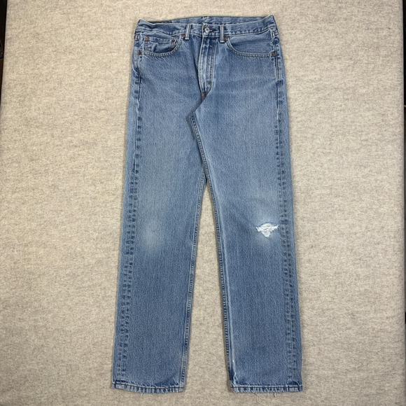 Levis Jeans 34x33 Blue Pants 505 Straight Grunge Distressed Denim Tag 34x34 - Picture 1 of 16